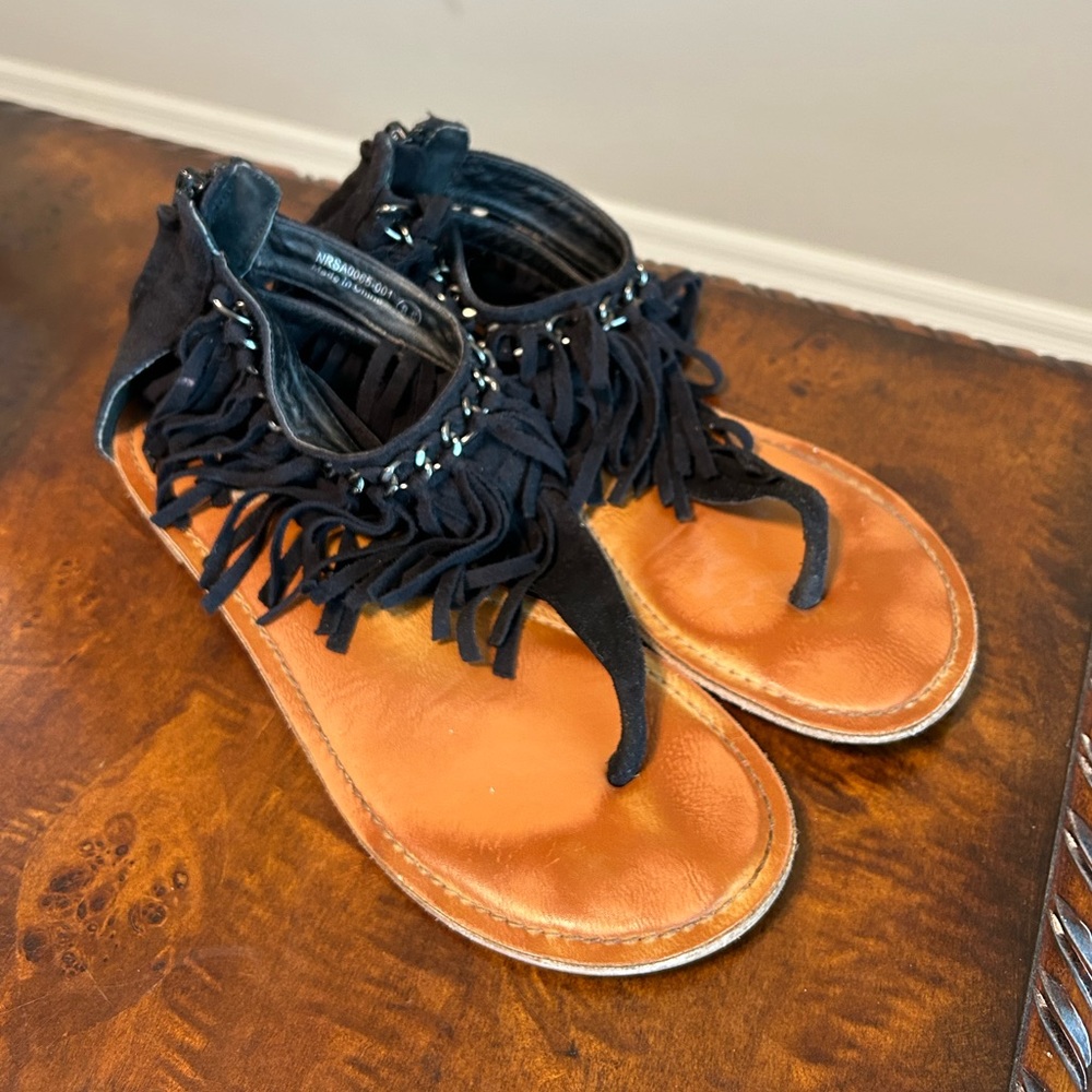 Black Fringe Sandals 8.5